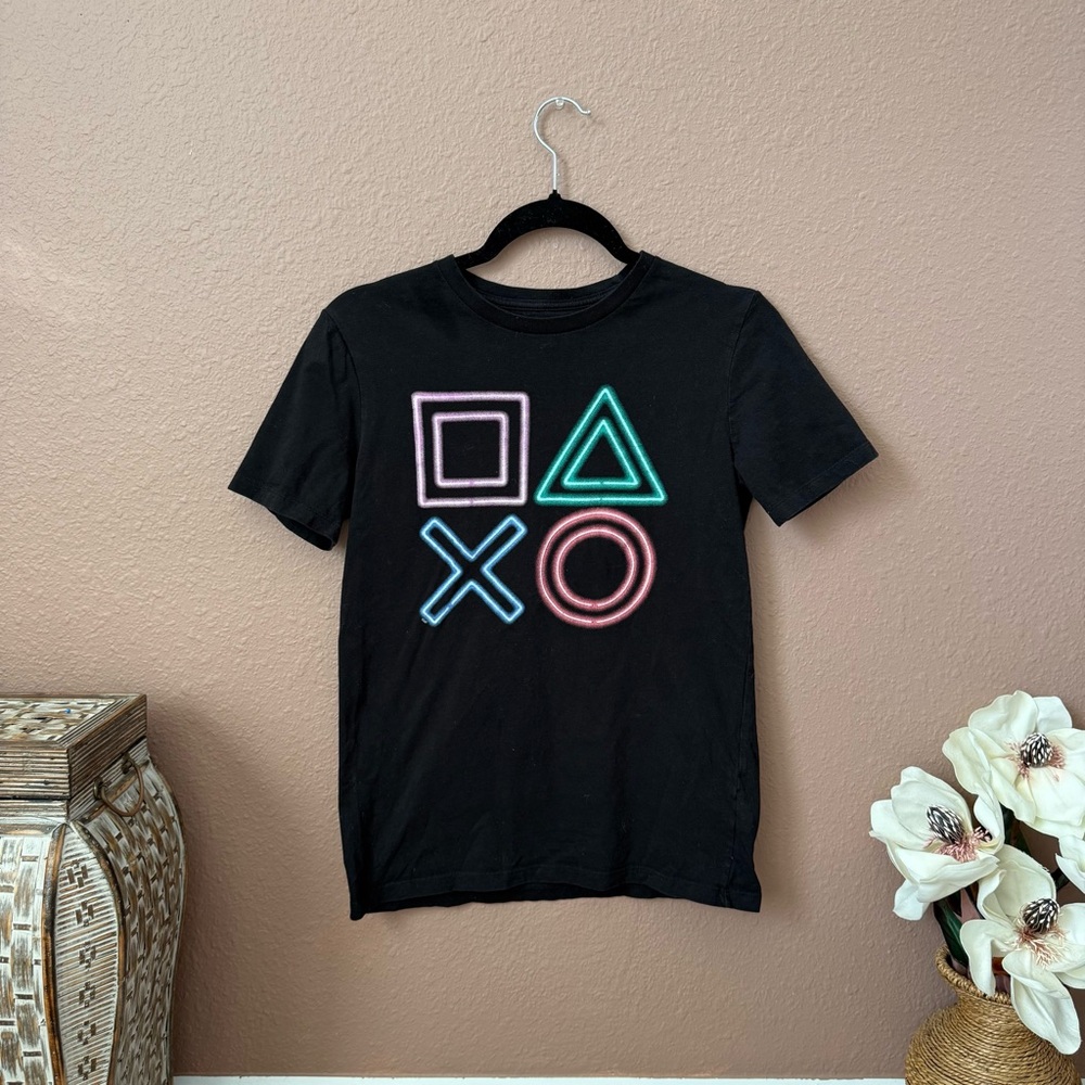 Old Navy Black T-Shirt with Neon Game Symbols